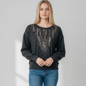 Anthropologie Tiny Chiara long sleeve scoop neck sequined top gray S